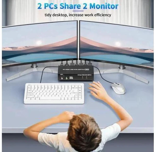 Alt view image 7 of 7 - 2x2 Dual Monitor HDMI KVM Switch 4K@60Hz, 2 Port KVM Switcher with 5 USB 2.0 Ports, Wired Remote & USB Power Cable for 2 PCs to Share Two Displays