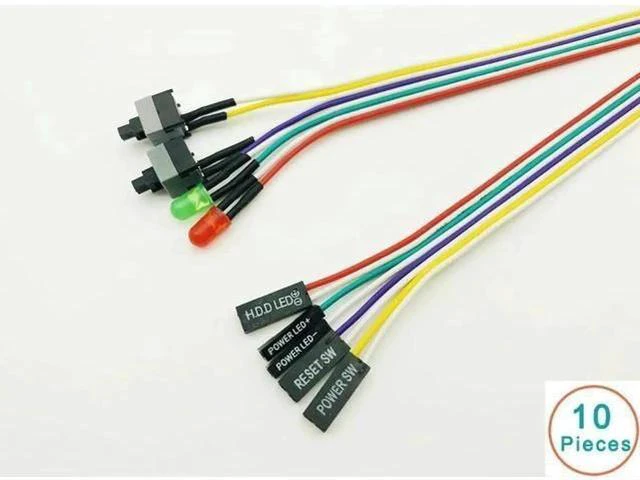 Main image of 10 Pack PC Front Panel Cables, Power Switch + Reset + HDD LED Wires, 66cm Length for Desktop PCs, BTC Mining Rigs & Antminer Devices