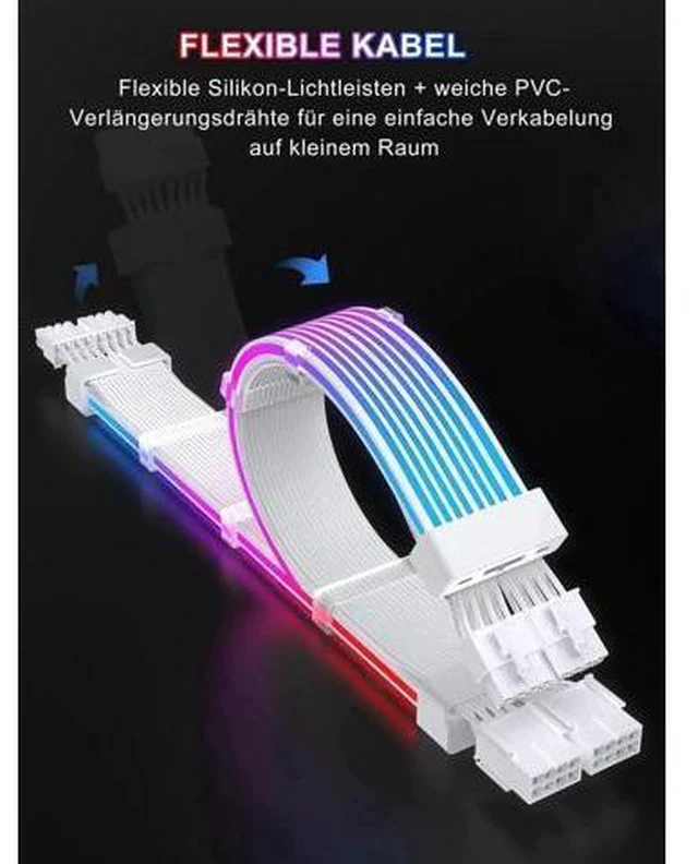 Alt view image 3 of 7 - ARGB PSU Extension Cable Kit, PVC Sleeved RGB LED Power Extension Cables, 16AWG, 24Pin ATX + Dual 8Pin PCIe Complete Set for Gaming PC Modding