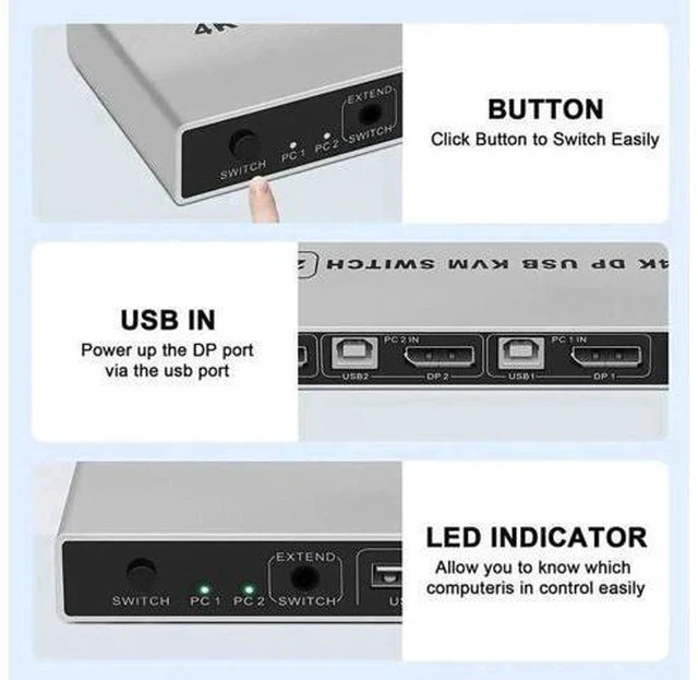 Alt view image 2 of 6 - 2 Port DP 1.4 KVM Switch 2 In 1 Out, 8K@60Hz & 4K@60Hz Supported, USB Sharing for Keyboard Mouse Printer, USB Power Cable Included
