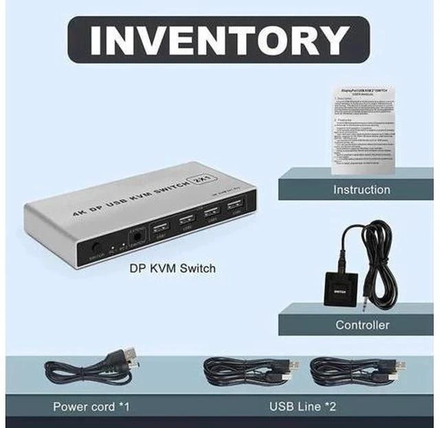 Alt view image 5 of 6 - 2 Port 2 In 1 Out DP 1.4 KVM Switch 4K@60Hz, USB Sharing for Keyboard, Mouse & Printer, USB Power Cable Included