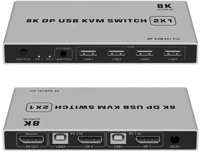Alt view image 3 of 6 - 2 Port DP 1.4 KVM Switch 2 In 1 Out, 8K@60Hz & 4K@60Hz Supported, USB Sharing for Keyboard Mouse Printer, USB Power Cable Included