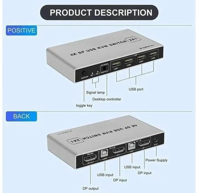 Alt view image 6 of 6 - 2 Port DP 1.4 KVM Switch 2 In 1 Out 4K@60Hz, USB Sharing for Keyboard Mouse Printer, USB Power Cable Included