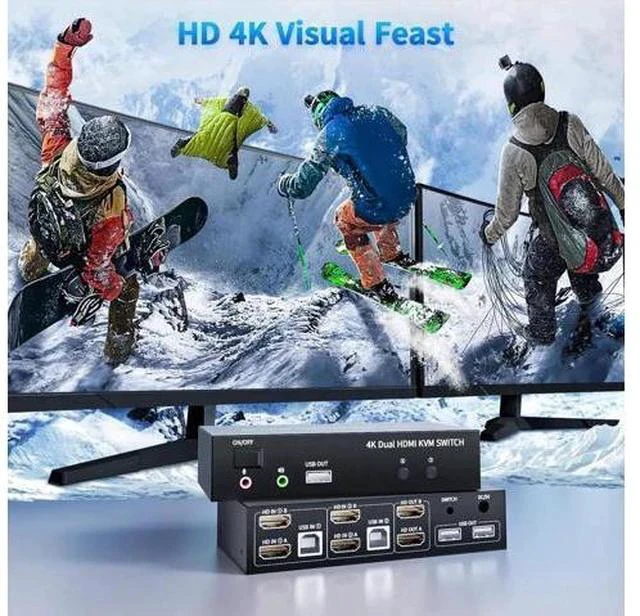 Alt view image 3 of 7 - 2x2 Dual Monitor HDMI KVM Switch 4K@60Hz, 2 Port KVM Switcher with 5 USB 2.0 Ports, Wired Remote & USB Power Cable for 2 PCs Share Two Displays