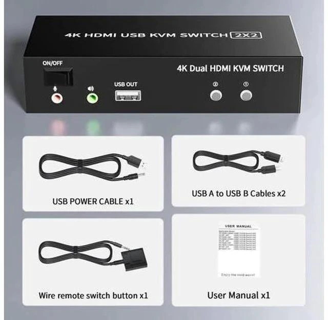 Alt view image 5 of 7 - 2x2 Dual Monitor HDMI KVM Switch 4K@60Hz, 2 Port KVM Switcher with 5 USB 2.0 Ports, Wired Remote & USB Power Cable for 2 PCs Share Two Displays