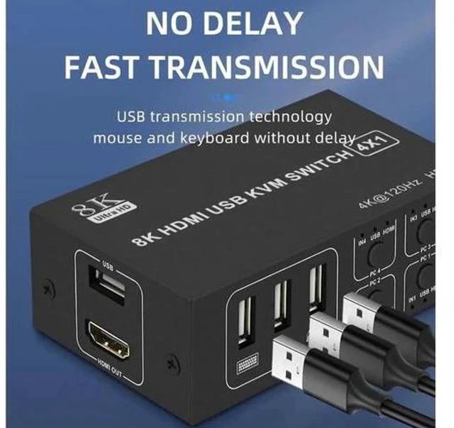 Alt view image 2 of 7 - 4X1 4 Port HDMI KVM Switch 8K@60Hz 4K@120Hz, 4 In 1 Out USB KVM Switcher for 4 PCs Share Single Monitor, Come with 4 USB Cables & Power Cable