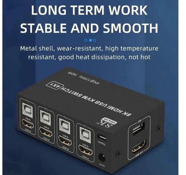 Alt view image 7 of 7 - 4X1 4 Port HDMI KVM Switch 8K@60Hz 4K@120Hz, 4 In 1 Out USB KVM Switcher for 4 PCs Share Single Monitor, Come with 4 USB Cables & Power Cable