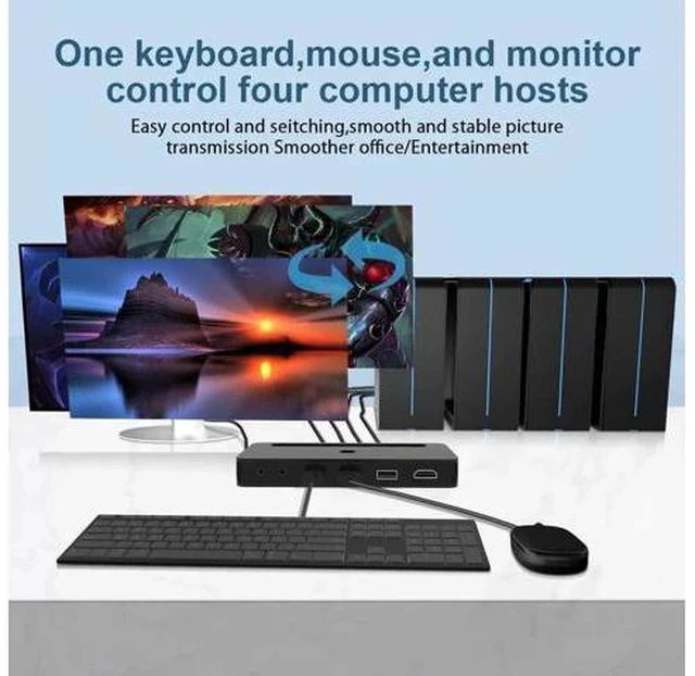 Alt view image 2 of 7 - 4 In 1 Out HDMI KVM Switch 4K@60Hz, 4 Port KVM Switcher with Audio Mic & 3 USB Ports, Wired Remote, 4 Combo Cables & USB Power Cable Included