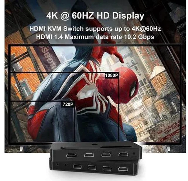 Alt view image 7 of 7 - 4 In 1 Out HDMI KVM Switch 4K@60Hz, 4 Port KVM Switcher with Audio Mic & 3 USB Ports, Wired Remote, 4 Combo Cables & USB Power Cable Included