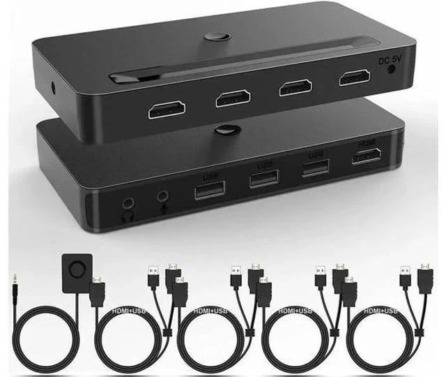 Main image of 4-Port 4x1 HDMI KVM Switch 4K@60Hz, Built-in Audio Mic & 3 USB Hub, Wired Remote, 4 Combo Cables + USB Power Cable Included