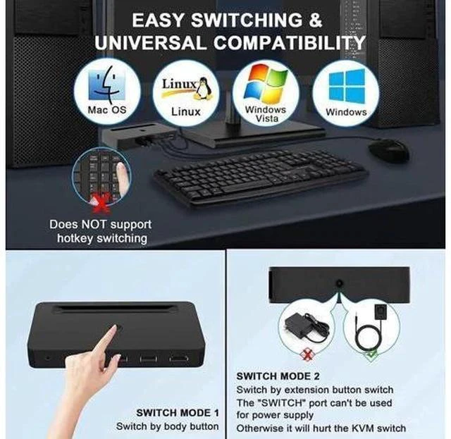 Alt view image 3 of 7 - 4-Port 4x1 HDMI KVM Switch 4K@60Hz, Built-in Audio Mic & 3 USB Hub, Wired Remote, 4 Combo Cables + USB Power Cable Included