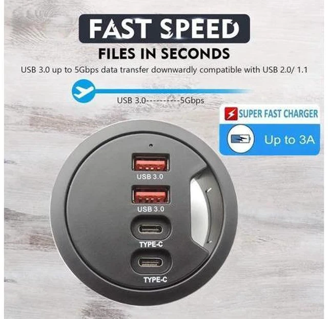 Alt view image 2 of 7 - 60mm 2.36 Inch Grommet Mount USB 3.0 Desk Hub, 2 USB-A + 2 USB-C Ports for Data & Charging, Table Cable Hole USB Splitter with 5V/2A Power Adapter for Office & Gaming Desks