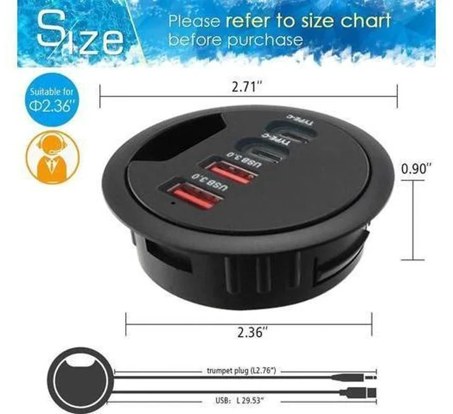 Alt view image 6 of 7 - 60mm 2.36 Inch Grommet Mount USB 3.0 Desk Hub, 2 USB-A + 2 USB-C Ports for Data & Charging, Table Cable Hole USB Splitter with 5V/2A Power Adapter for Office & Gaming Desks