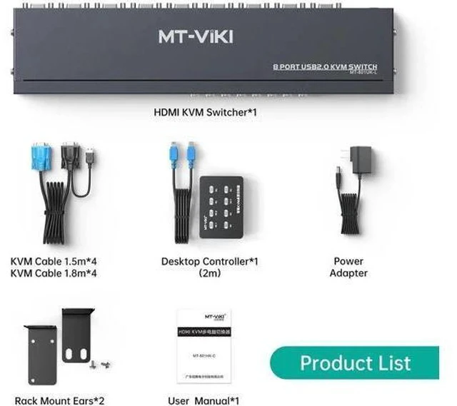 Alt view image 2 of 6 - MT-VIKI 8-Port 1U Rackmount VGA KVM Switch, 8X1, with 8pcs 2-in-1 Cables, Wired Selector & Power Adapter