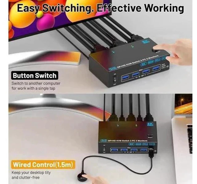 Alt view image 3 of 7 - 2PC Hybrid DP+HDMI Dual Monitor USB3.0 KVM Switch, 8K@60Hz / 4K@144Hz, 4 USB3.0 Ports, With USB Cables, Power Adapter & Desktop Controller