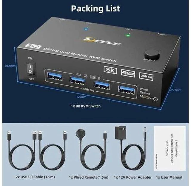 Alt view image 4 of 7 - 2PC Hybrid DP+HDMI Dual Monitor USB3.0 KVM Switch, 8K@60Hz / 4K@144Hz, 4 USB3.0 Ports, With USB Cables, Power Adapter & Desktop Controller
