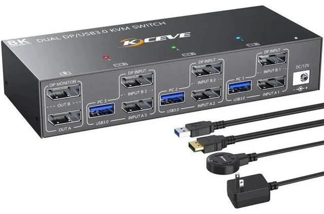 Main image of 3-Port Dual Monitor DP USB 3.0 KVM Switch 4K@144Hz, 4 USB3.0 Ports, Wired Remote & Power Adapter Included for 3 PCs Sharing 2 Monitors