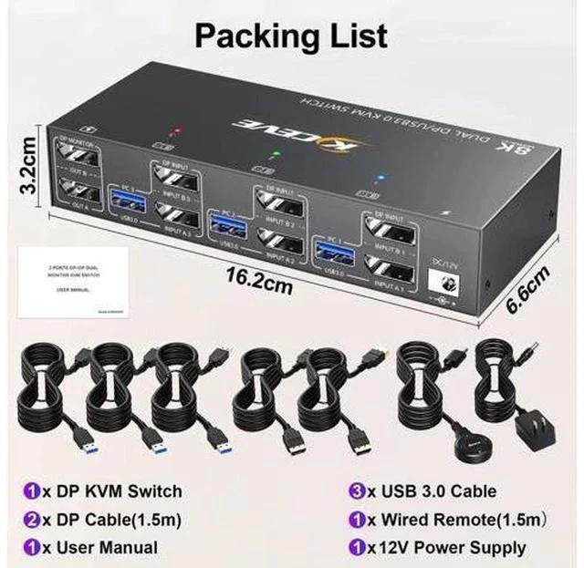 Alt view image 7 of 7 - 3-Port Dual Monitor DP USB 3.0 KVM Switch 4K@144Hz, 4 USB3.0 Ports, Wired Remote & Power Adapter Included for 3 PCs Sharing 2 Monitors