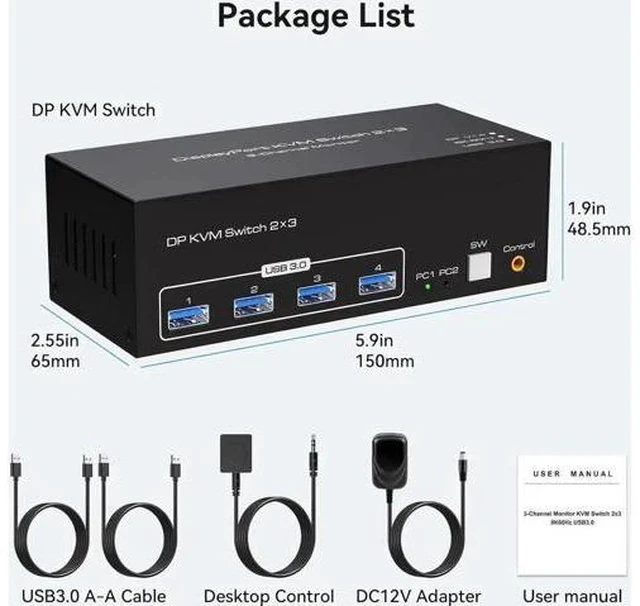 Alt view image 5 of 7 - 2-Port Triple Monitor DP KVM Switch, 8K/4K@120Hz, 4 USB3.0 Ports, Wired Controller & 12V Power Adapter Included