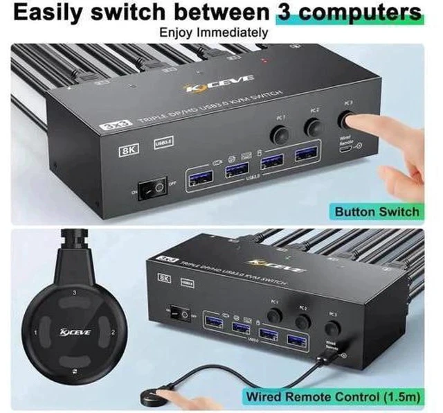 Alt view image 3 of 7 - 3-Port Triple Monitor KVM Switch (1HDMI+2DP), 8K@60Hz, 4 USB3.0 Ports, Wired Remote & 12V Power Adapter Included