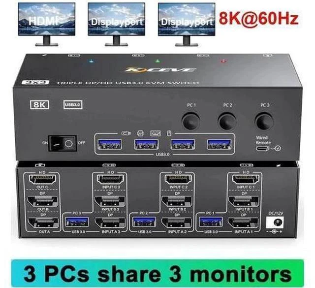 Main image of 3-Port Triple Monitor KVM Switch (1HDMI+2DP), 8K@60Hz, 4 USB3.0 Ports, Wired Remote & Power Adapter