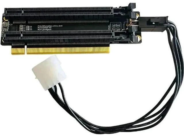 Alt view image 2 of 5 - PCIe 4.0 x16 1-to-2 Bifurcation Expansion Card, PCIe x16 Split into Dual x8 Slots, 20mm Slot Spacing, CPU 4-Pin Auxiliary Power Port with Matching 4Pin Power Cable