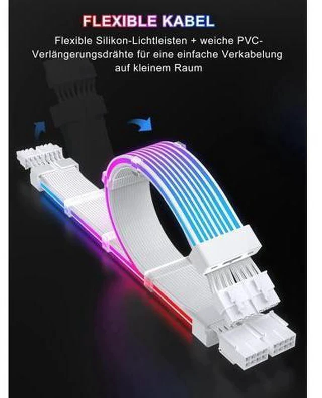 Alt view image 4 of 7 - ARGB PSU Extension Cable Kit, Soft Integrated LED Strip PVC Sleeved Power Extenders, 16AWG 24Pin ATX + Dual 8Pin PCIe Complete Set, Addressable RGB for Custom Gaming PC Modding