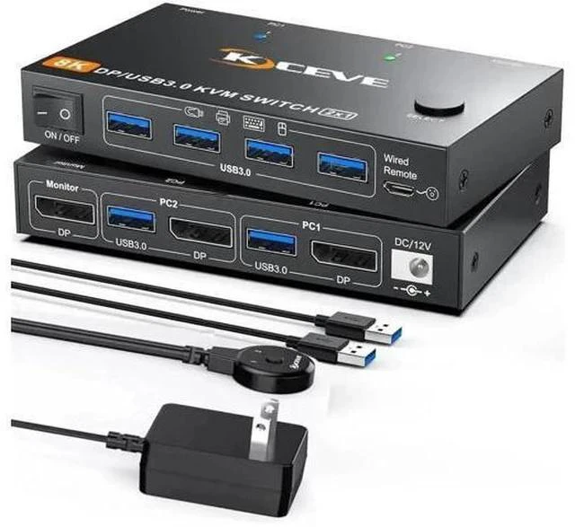 Main image of 2 Port DP 2.1 KVM Switch 8K@60Hz 4K@144Hz, USB 3.0 DisplayPort KVM Switcher for 2 PCs Share 1 Monitor Keyboard Mouse, Wired Remote & Power Adapter Included