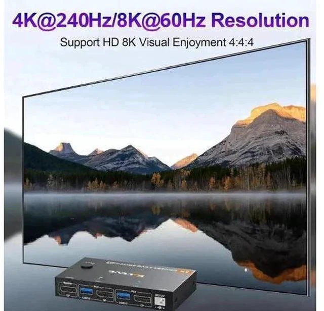 Alt view image 4 of 7 - 2 Port DP 2.1 KVM Switch 8K@60Hz 4K@144Hz, USB 3.0 DisplayPort KVM Switcher for 2 PCs Share 1 Monitor Keyboard Mouse, Wired Remote & Power Adapter Included