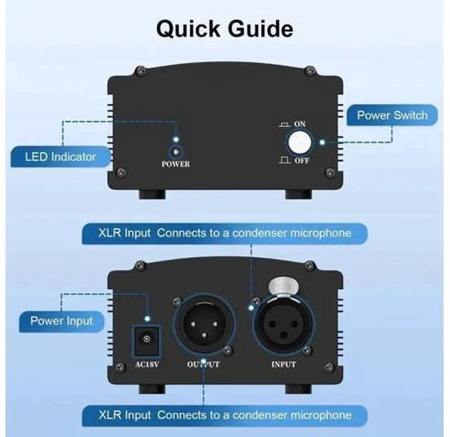 Alt view image 5 of 7 - 1 Channel 48V Phantom Power Supply with Power Adapter, Universal for All Condenser Microphones, Professional Black Phantom Power for Studio Recording & Music Production