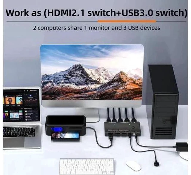 Alt view image 3 of 7 - 2 Port HDMI 2.1 USB3.0 KVM Switch 8K@60Hz/4K@120Hz, HDCP 2.3 & HDR10, With Wired Remote, 12V Power Adapter & 2 USB3.0 Cables for 2 PCs Sharing 1 Monitor & 3 USB Devices