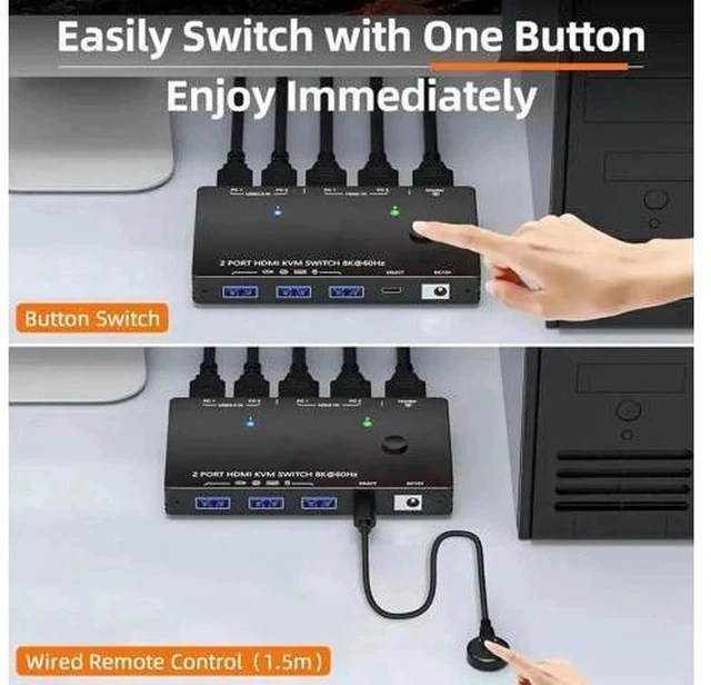 Alt view image 2 of 7 - 2 Port HDMI 2.1 USB3.0 KVM Switch 8K@60Hz/4K@120Hz, HDCP 2.3 & HDR10, With Wired Remote, 12V Power Adapter & 2 USB3.0 Cables for 2 PCs Sharing 1 Monitor & 3 USB Devices