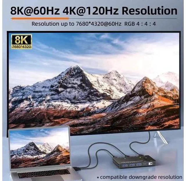 Alt view image 4 of 7 - 2 Port HDMI 2.1 USB3.0 KVM Switch 8K@60Hz/4K@120Hz, HDCP 2.3 & HDR10, With Wired Remote, 12V Power Adapter & 2 USB3.0 Cables for 2 PCs Sharing 1 Monitor & 3 USB Devices