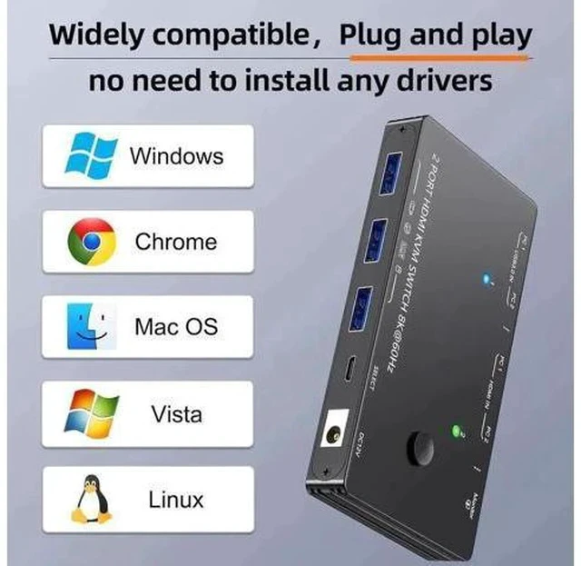 Alt view image 5 of 7 - 2 Port HDMI 2.1 USB3.0 KVM Switch 8K@60Hz/4K@120Hz, HDCP 2.3 & HDR10, With Wired Remote, 12V Power Adapter & 2 USB3.0 Cables for 2 PCs Sharing 1 Monitor & 3 USB Devices