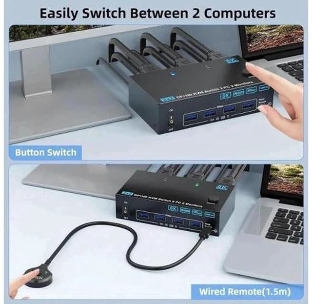 Alt view image 4 of 7 - 2 Port Dual Monitor HDMI & DP KVM Switch, 8K@60Hz 4K@144Hz USB3.0 KVM Switcher with 4 USB 3.0 Ports, Wired Remote, Power Adapter & USB Cables Included for 2 PCs Share Dual Monitors Keyboard Mouse Prin