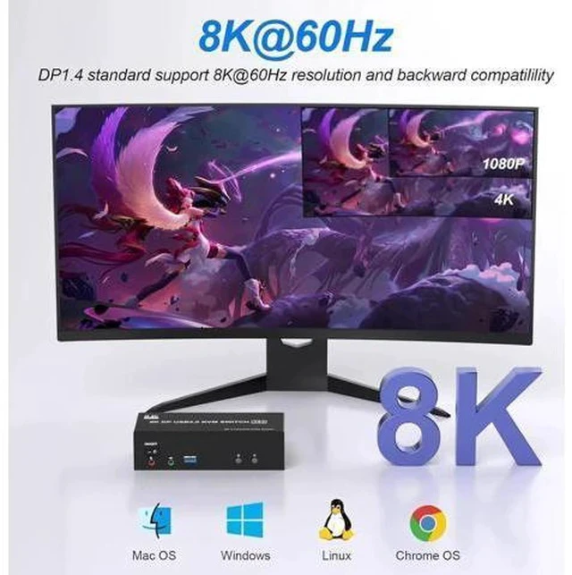 Alt view image 6 of 7 - 2 PCs Triple Monitor DP 1.4 KVM Switch 8K@60Hz 4K@144Hz USB 3.0, Audio & Mic Jack, 3 USB 3.0 Ports, Wired Remote & 5V Power Adapter Included for 2 Hosts Share 3 Displays