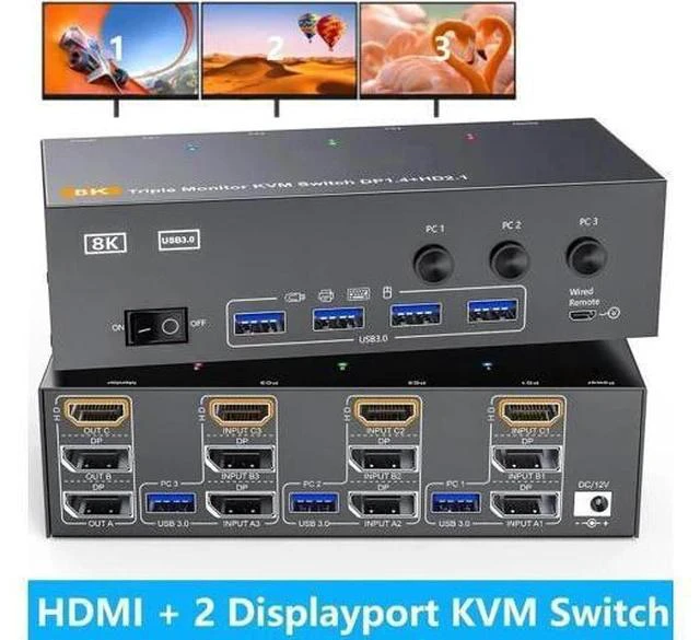 Main image of 3 PCs Triple Monitor 2DP+HDMI Hybrid KVM Switch 8K@60Hz 4K@144Hz USB 3.0, 4 USB 3.0 Ports, Wired Remote, Power Adapter & USB3.0 Cables Included for 3 Hosts Share 3 Displays