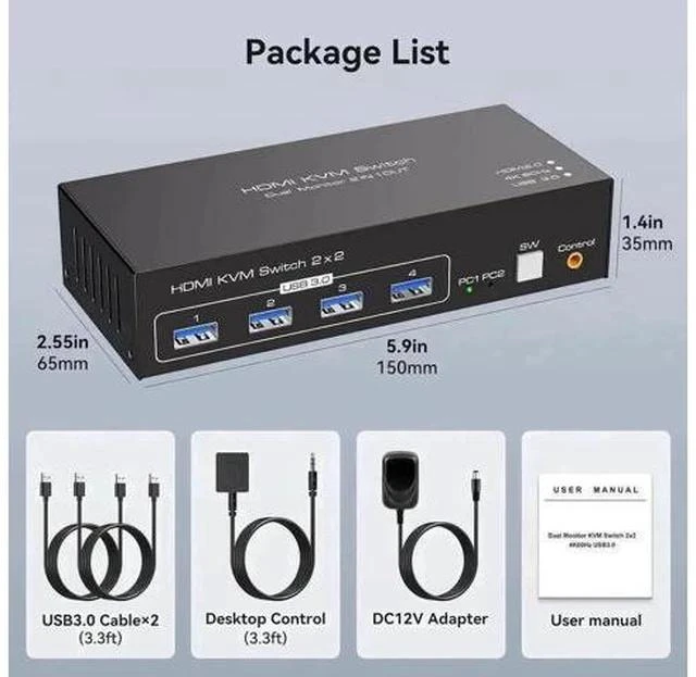 Main image of 2×2 Dual Monitor HDMI USB 3.0 KVM Switch 4K@60Hz, Support Extended & Mirrored Modes, 4 USB3.0 Ports, DC 12V Power Adapter & Wired Controller Included for 2 PCs