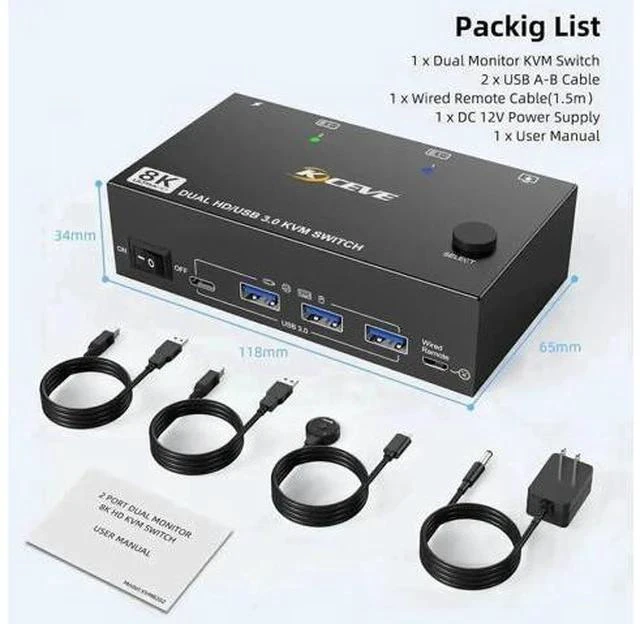 Alt view image 6 of 7 - 2 Port Dual Monitor HDMI KVM Switch, 8K@60Hz 4K@120Hz USB3.0 KVM Switcher with Wired Remote & Power Adapter for 2 PCs Share 2 Displays & 4 USB 3.0 Devices, Support Extend & Mirror Mode