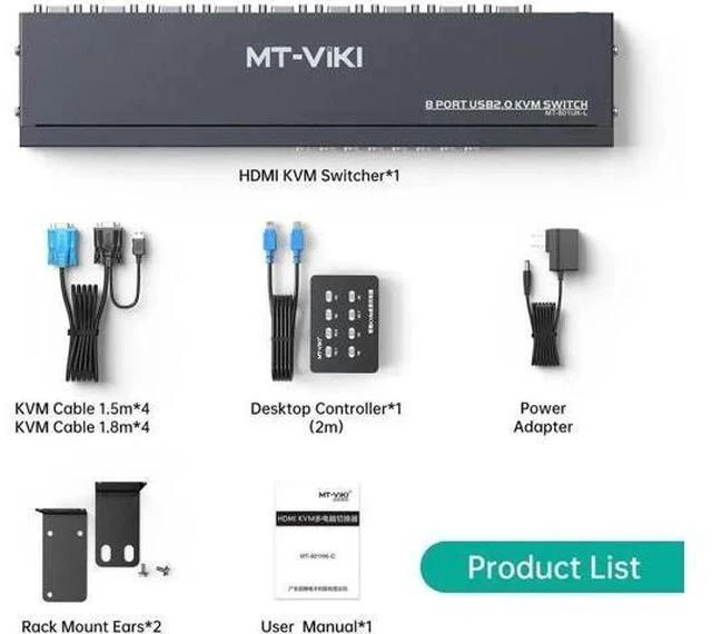 Main image of MT-VIKI 8-Port 1U Rackmount VGA KVM Switch, 8-In-1-Out, with 8PCS 2-in-1 KVM Cables, Wired Desktop Selector & Power Adapter, Fits Standard 19-inch Rack