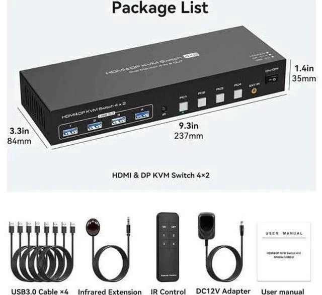 Alt view image 4 of 7 - 4 Port Dual Monitor HDMI+DP KVM Switch, 4K@60Hz 2K@120Hz USB3.0 KVM Switcher with Remote, USB3.0 Cables & Power Adapter for 4 PCs Share 2 Displays & 4 USB Devices