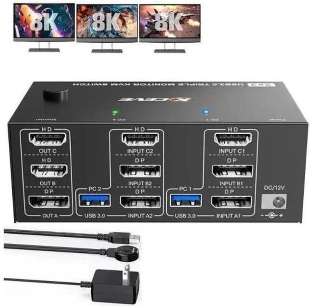 Main image of 2 Port Triple Monitor HDMI+DP KVM Switch, 8K@60Hz 4K@144Hz USB3.0 KVM Switcher with 4 USB 3.0 Ports, Wired Remote & 12V Power Adapter for 2 PCs Share 3 Displays