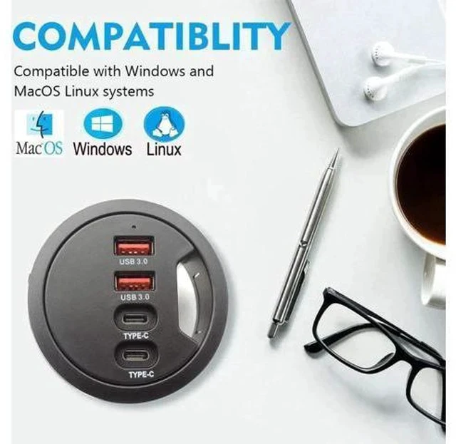 Alt view image 3 of 7 - 60mm 2.36 Inch Grommet Mount USB 3.0 Desk Hub, 2 USB-A + 2 USB-C Ports for Data & Charging, Table Cable Hole USB Splitter with 5V/2A Power Adapter for Office & Gaming Desks