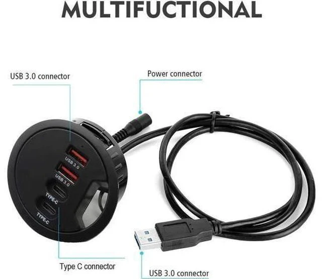 Alt view image 4 of 7 - 60mm 2.36 Inch Grommet Mount USB 3.0 Desk Hub, 2 USB-A + 2 USB-C Ports for Data & Charging, Table Cable Hole USB Splitter with 5V/2A Power Adapter for Office & Gaming Desks