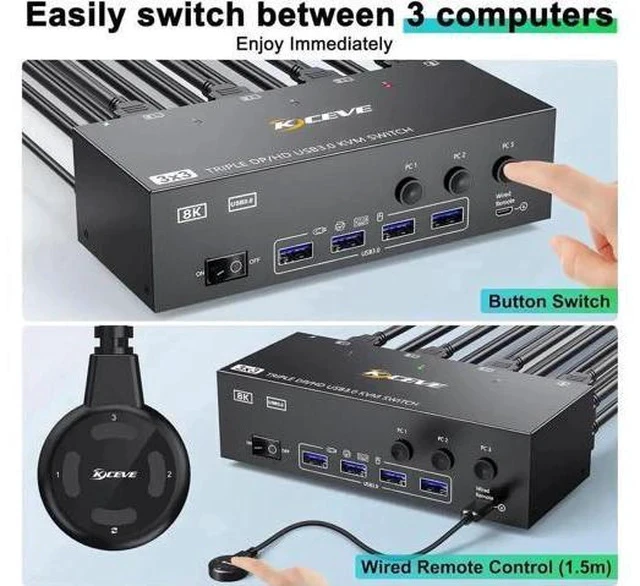 Alt view image 3 of 7 - 3 Port Triple Monitor KVM Switch (1HDMI+2DP), 8K@60Hz USB3.0 KVM Switcher with 4 USB3.0 Ports, Wired Remote, USB Cables & Power Adapter Included for 3 PCs Share 3 Displays Keyboard Mouse Printer