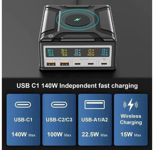 Alt view image 2 of 7 - 260W Multi-Device Charging Station with Wireless Charger, 5-Port USB Fast Charging Hub, Portable USB-C Desktop Power Adapter for iPhone, iPad, Tablets & Smartphones, Ideal for Home & Office Use