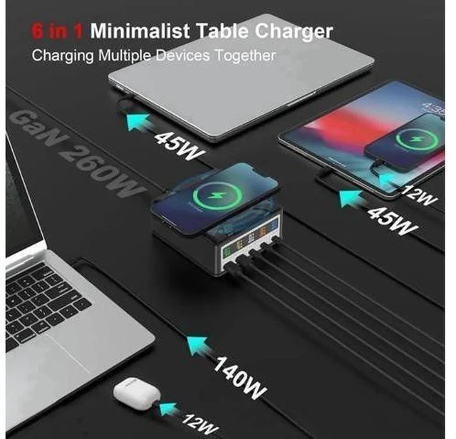 Alt view image 3 of 7 - 260W Multi-Device Charging Station with Wireless Charger, 5-Port USB Fast Charging Hub, Portable USB-C Desktop Power Adapter for iPhone, iPad, Tablets & Smartphones, Ideal for Home & Office Use