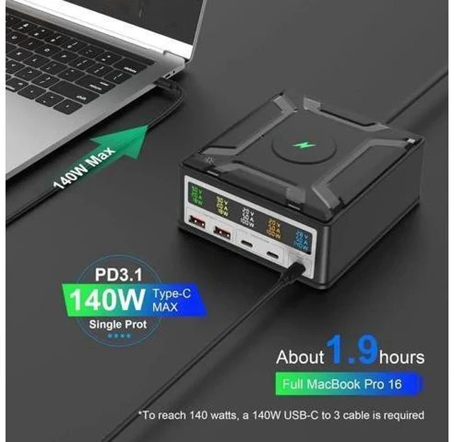 Alt view image 4 of 7 - 260W Multi-Device Charging Station with Wireless Charger, 5-Port USB Fast Charging Hub, Portable USB-C Desktop Power Adapter for iPhone, iPad, Tablets & Smartphones, Ideal for Home & Office Use