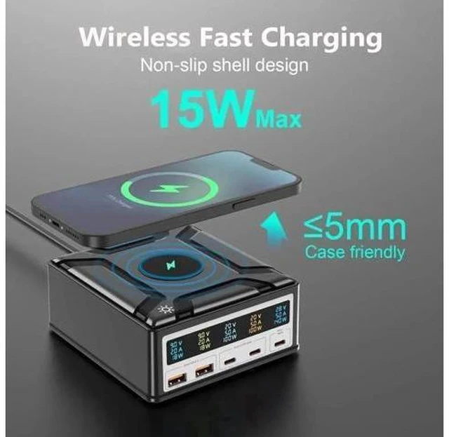 Alt view image 6 of 7 - 260W Multi-Device Charging Station with Wireless Charger, 5-Port USB Fast Charging Hub, Portable USB-C Desktop Power Adapter for iPhone, iPad, Tablets & Smartphones, Ideal for Home & Office Use