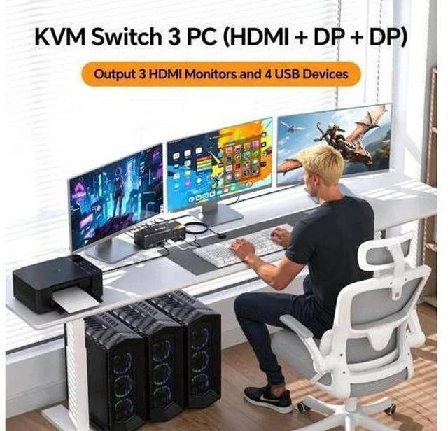 Alt view image 2 of 6 - 3-In-3-Out Triple Monitor DP+HDMI KVM Switch 8K@60Hz 4K@144Hz, USB 3.0 KVM Switcher for 3 PCs Share Keyboard Mouse, Wired Remote & Power Adapter Included